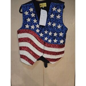 NWT 001 USA American Flag Sequin‎ Vest Womens XL Patriotic Stars Stripes Beaded